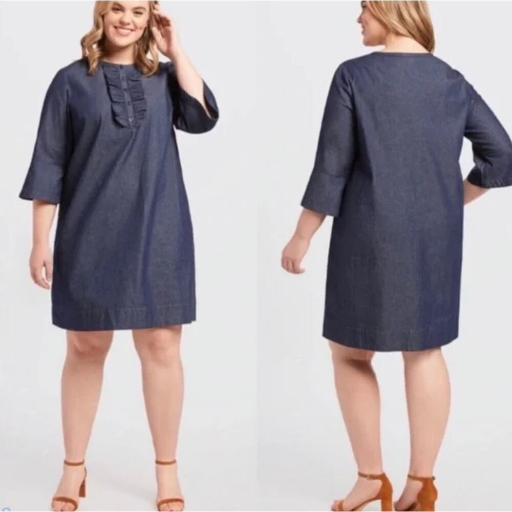 Draper James Indigo Denim Ruffle-Front Shift Dress